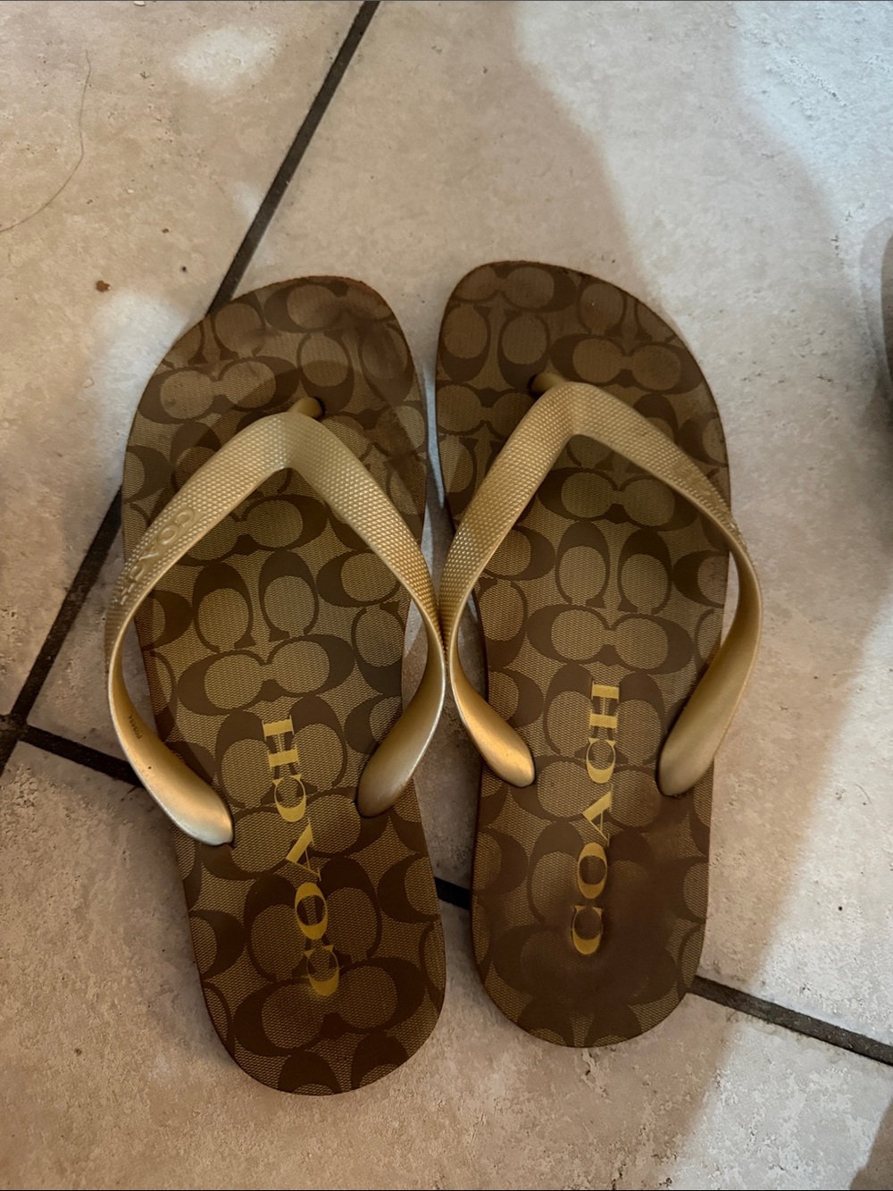 Coach Brown and Tan Signature Logo Flip Flops